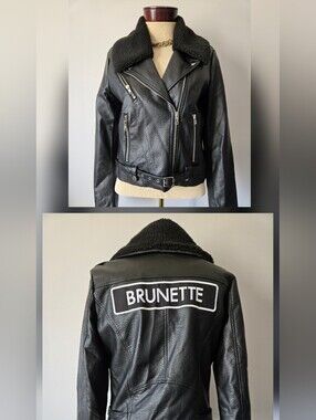 Brunette The Label Black Faux Leather Faux Shearling Collar Moto Jacket.Size S/M